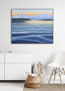 Dusk on the Bay - Puget Sound Sunset Art Olympic Mountains Painting Prints Canvas | 36x30, 30x24, 24x20, 16x14
