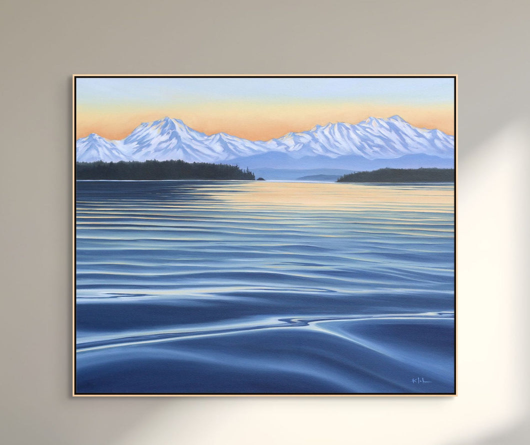 Dusk on the Bay - Puget Sound Sunset Art Olympic Mountains Painting Prints Canvas | 36x30, 30x24, 24x20, 16x14