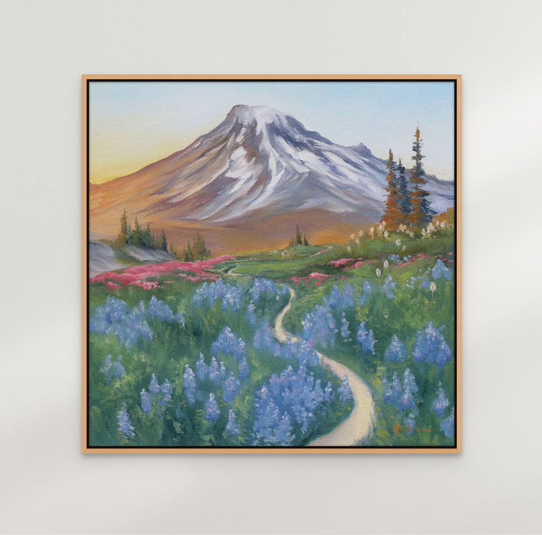 Lupin Meadow | Glowing Cascade Mountain Range Mt Rainier Oil Painting | 10x10