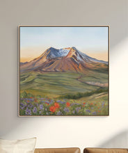 Mount Saint Helens Oil Painting | Sunset Wildflowers Volcano Original Art | 30x30 Framed