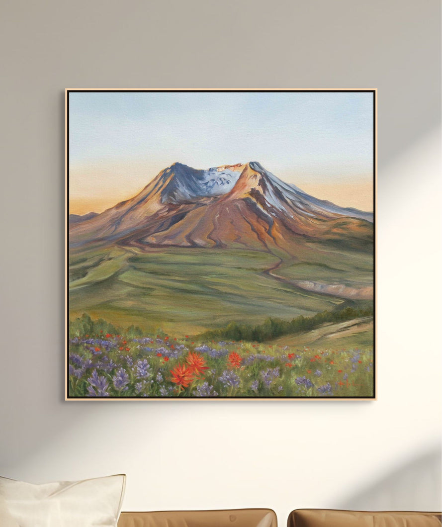Mount Saint Helens Oil Painting | Sunset Wildflowers Volcano Original Art | 30x30 Framed