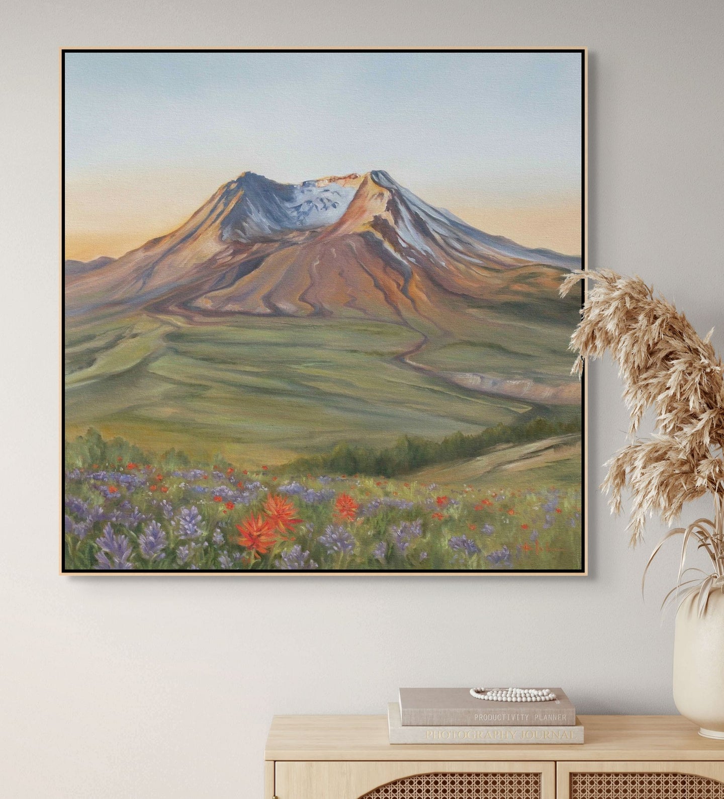 Mt St Helens Oil Painting | Sunset Wildflowers Volcano Original Art | 30x30