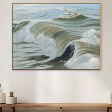 Large abstract painting of swirling green and blue colors on a white wall above a wooden console table.
