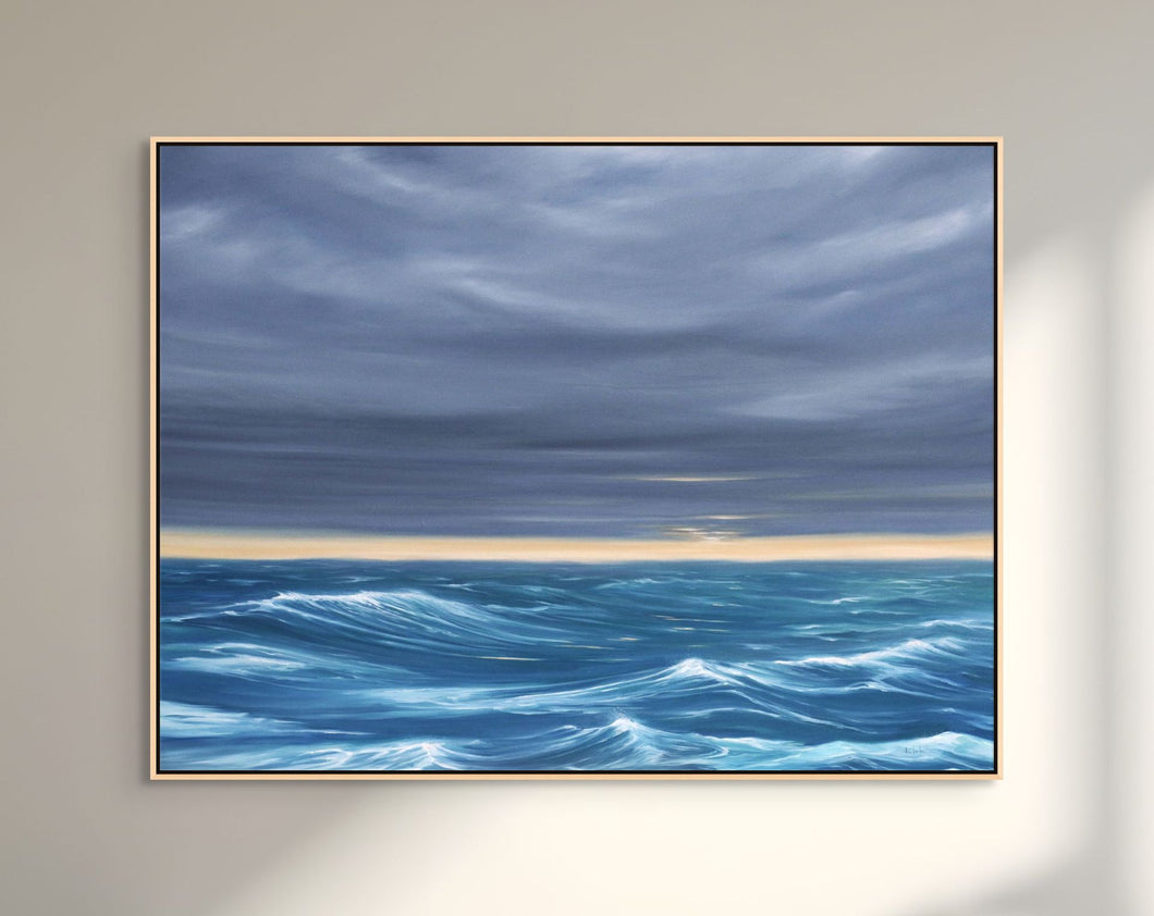 Windswept Windy Ocean Oil Painting Sunset Grey Blue Gold - Art Prints Wall Canvas 11x14, 16x20, 24x30, 30x40 (Copy)