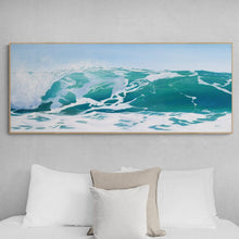 Bright aqua wave art print above bed
