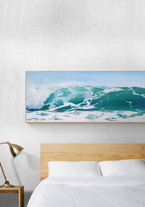 Ocean Art aqua wave painting above bed